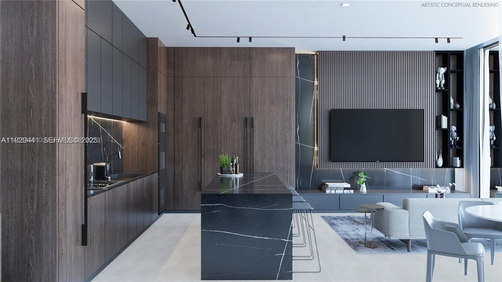 This is an artistic conceptual rendering of a modern kitchen and living area with dark cabinetry — 4470 Alton Rd, Miami Beach FL 33140, MIAMI BEACH, FL