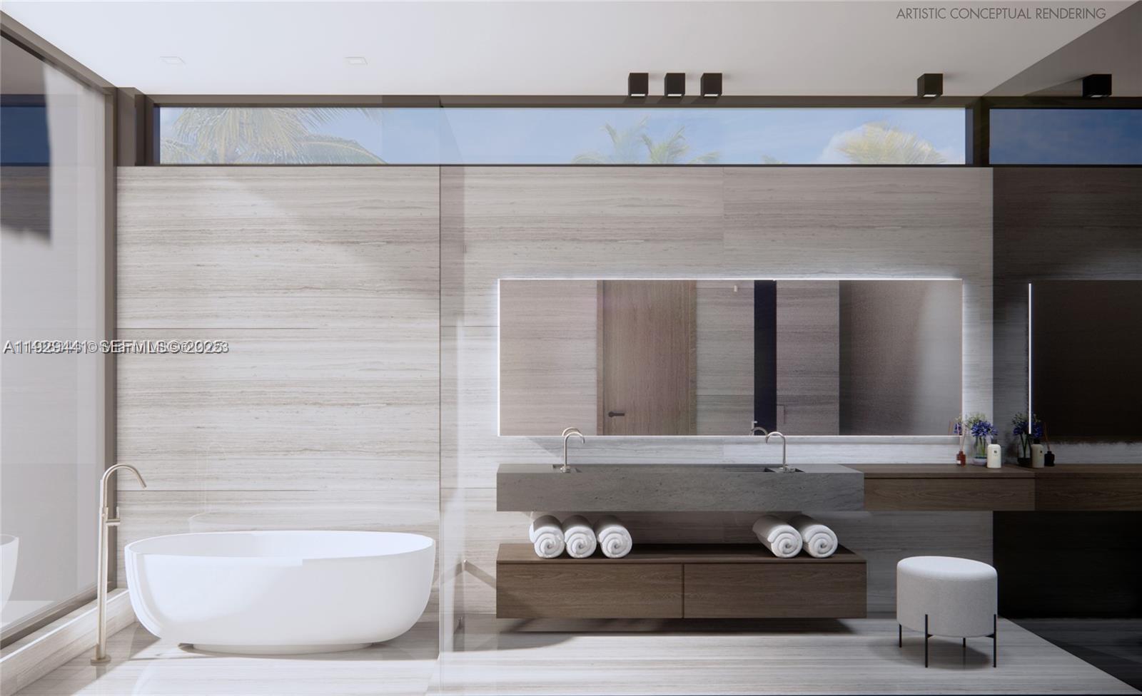 This is an artistic conceptual rendering of a modern bathroom with a soaking tub and vanity — 4470 Alton Rd, Miami Beach FL 33140, MIAMI BEACH, FL