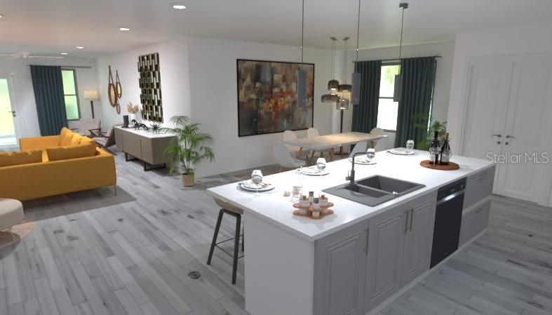 This is a rendering of an open-concept living room and kitchen with light wood flooring — 2659 TRAFALGAR BOULEVARD, KISSIMMEE, FL