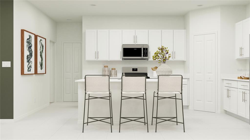 This is a rendering of a modern kitchen with white cabinets, stainless appliances, and bar seating — 1116 HOUR GLASS ROAD, LAKELAND, FL