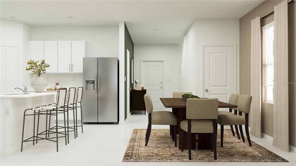 This is a digital rendering of a modern kitchen and dining area with neutral decor — 1116 HOUR GLASS ROAD, LAKELAND, FL