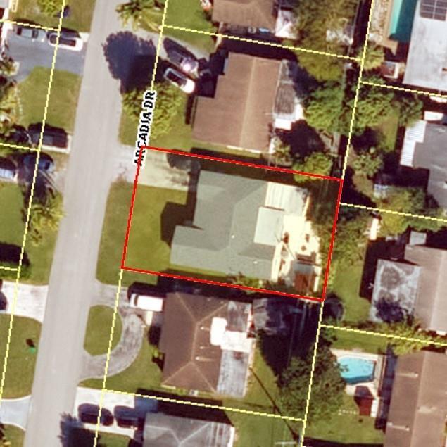 This is an aerial map view showing a residential property outlined in red — 2701 Arcadia Drive, Miramar FL 33023, MIRAMAR, FL