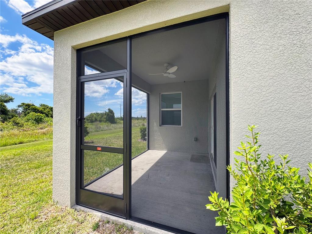 A screened-in concrete patio features a ceiling fan and a view of a grassy field — 12805 CRYSTAL JADE WAY, PARRISH, FL
