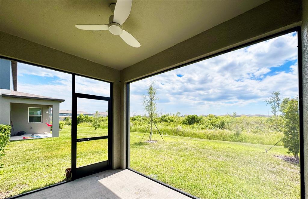 A screened-in patio overlooks a grassy backyard and a natural landscape under a cloudy sky — 12805 CRYSTAL JADE WAY, PARRISH, FL