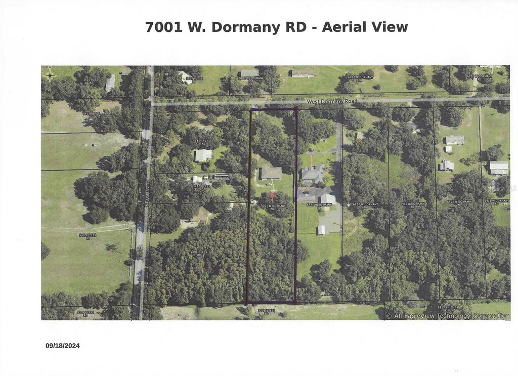 This is an aerial map showing a residential property outlined in purple — 7001 W DORMANY ROAD, PLANT CITY, FL