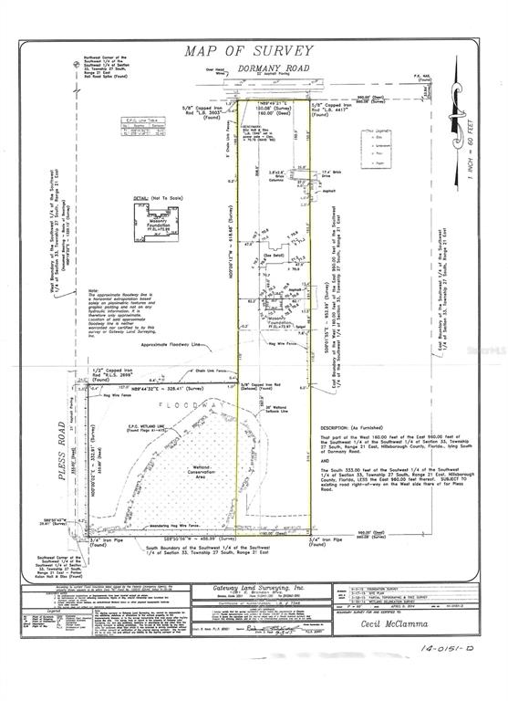 This is a land survey map showing property boundaries, dimensions, and existing structures — 7001 W DORMANY ROAD, PLANT CITY, FL