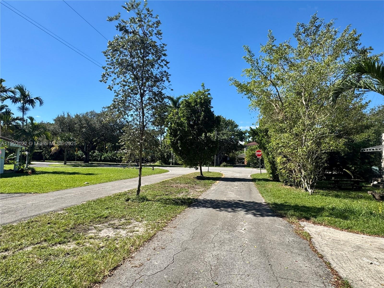 A paved driveway leads toward a stop sign at a residential intersection with mature trees — 519 NE 118th St, Biscayne Park FL 33161, BISCAYNE PARK, FL