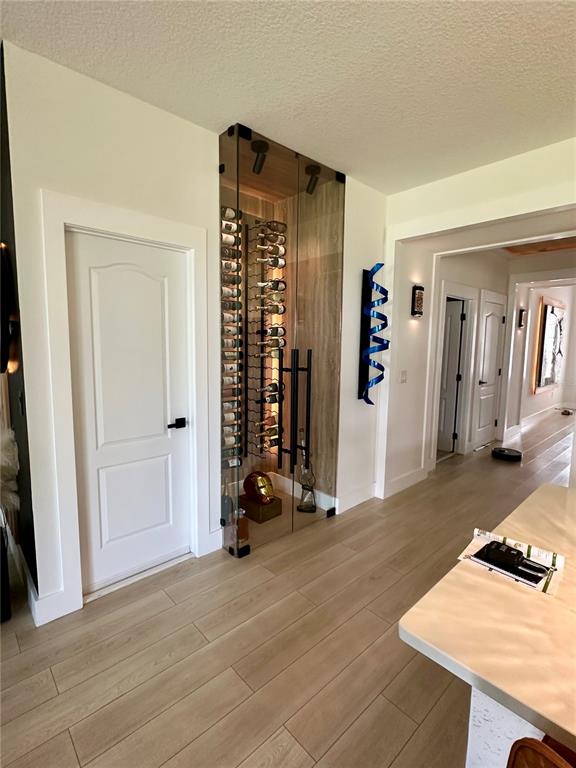 A modern hallway features light wood flooring, a white door, and a glass-enclosed wine display — 13518 PARKFIELD WAY, WINTER GARDEN, FL