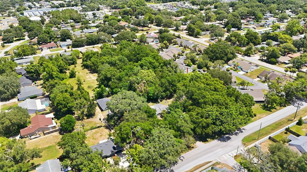 An aerial view shows a wooded lot surrounded by residential houses and a paved road — 2675 E WASHINGTON AVENUE, EUSTIS, FL