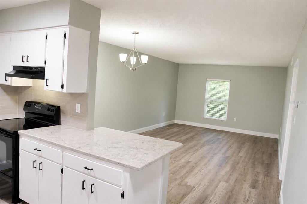 A kitchen with white cabinets and granite countertops overlooks an open-concept dining and living area — 165 PICARDY VILLA CIRCLE UNIT 201, BRANDON, FL