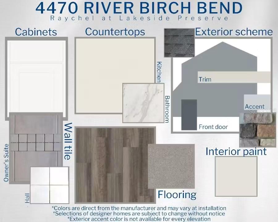 This design board displays material and color selections for a home's interior and exterior finishes — 4470 RIVER BIRCH BEND, LAKELAND, FL