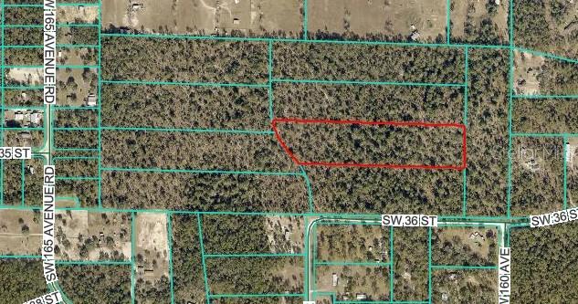 An aerial map shows a rectangular plot of land outlined in red among wooded lots — 16000 SW 36TH STREET Lot 6, OCALA, FL