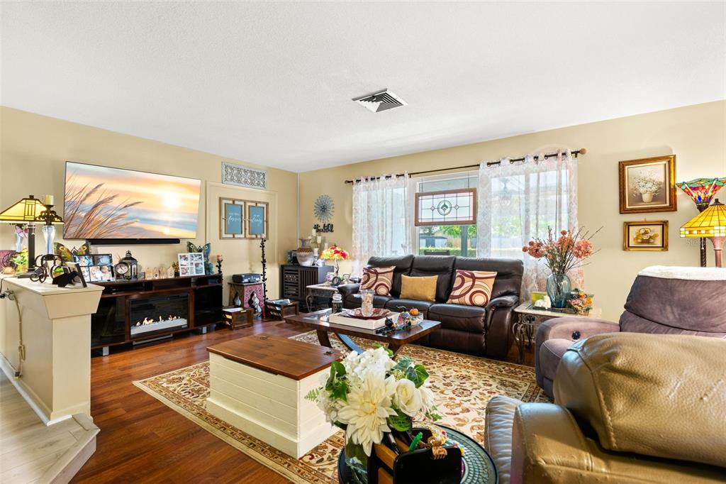 A living room features a leather sofa, a television, and a patterned area rug — 29861 69TH STREET N, CLEARWATER, FL