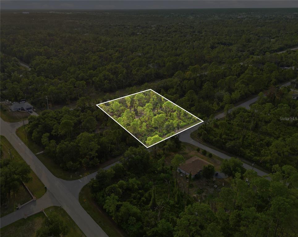 An aerial view shows a rectangular, wooded vacant lot outlined in white — 501 CHAMPION ST DRIVE, PORT CHARLOTTE, FL
