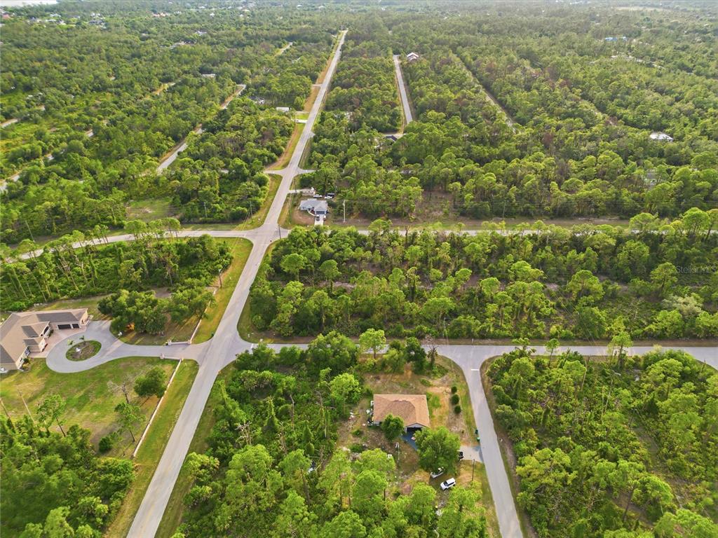 An aerial view shows a residential area with scattered houses surrounded by dense wooded lots — 501 CHAMPION ST DRIVE, PORT CHARLOTTE, FL