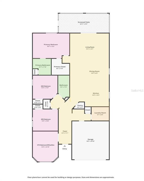 This is a floor plan of a single-story house with four bedrooms, a garage, and patio — 7798 SYRACUSE DRIVE, CLERMONT, FL