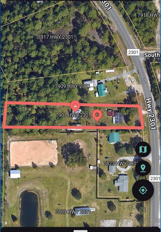 This is an aerial map view showing a residential property outlined in red — 7901 HIGHWAY 2301, PANAMA CITY, FL