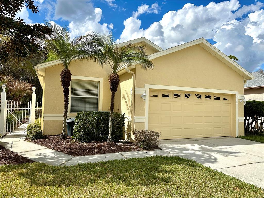 A single-story house with a beige stucco exterior, a two-car garage, and two palm trees — 8137 PONKAN ROAD, LAND O LAKES, FL