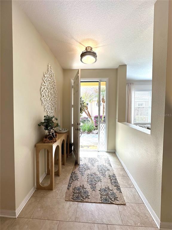 An entryway features a console table, a patterned rug, and an open door to outside — 8137 PONKAN ROAD, LAND O LAKES, FL