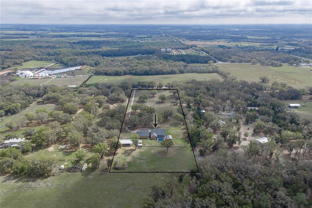 An aerial view shows a single-story house with a pool on a large, tree-filled lot — 15131 BELLAMY BROTHERS BOULEVARD, DADE CITY, FL