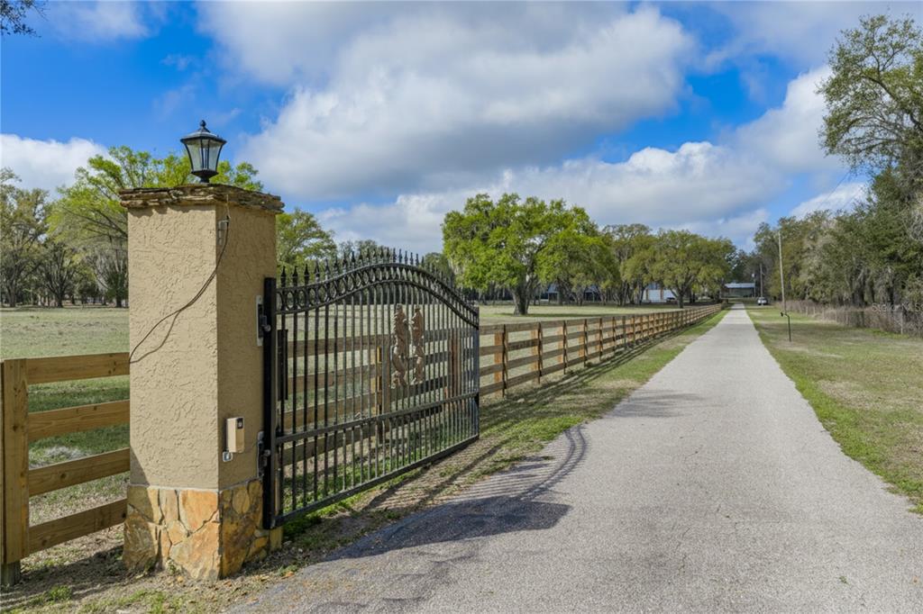 A paved driveway leads through a black metal gate toward a house behind wooden fencing — 15131 BELLAMY BROTHERS BOULEVARD, DADE CITY, FL