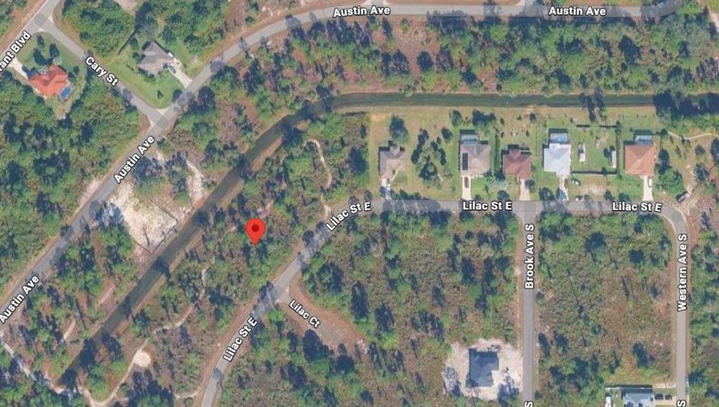 This is an aerial map view of a vacant residential lot marked with a pin — 1049 LILAC STREET E, LEHIGH ACRES, FL