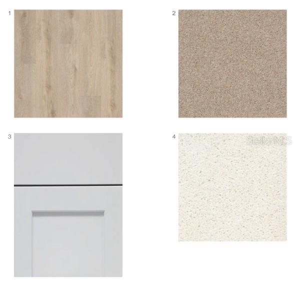 This image displays a collage of four interior finish samples including flooring, carpet, cabinetry, and countertops — 5478 ISLA SAONA, KISSIMMEE, FL
