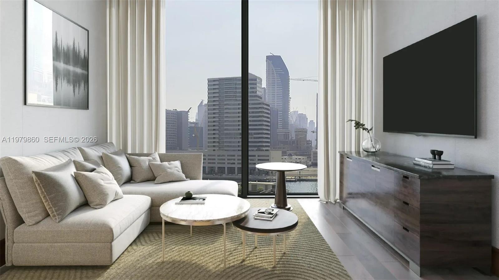 This rendering shows a modern living room with a sectional sofa, coffee tables, and city views — 346 Marasi drive # 0, FL Dubai, FL