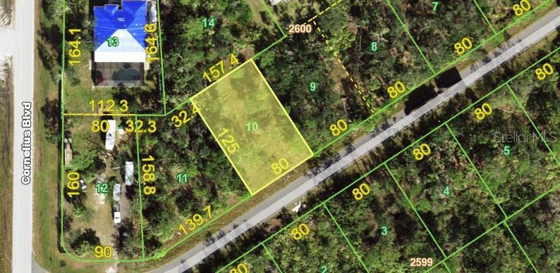 This is an aerial map showing a highlighted vacant lot among surrounding residential properties — 1299 BIRCH TERRACE, PORT CHARLOTTE, FL
