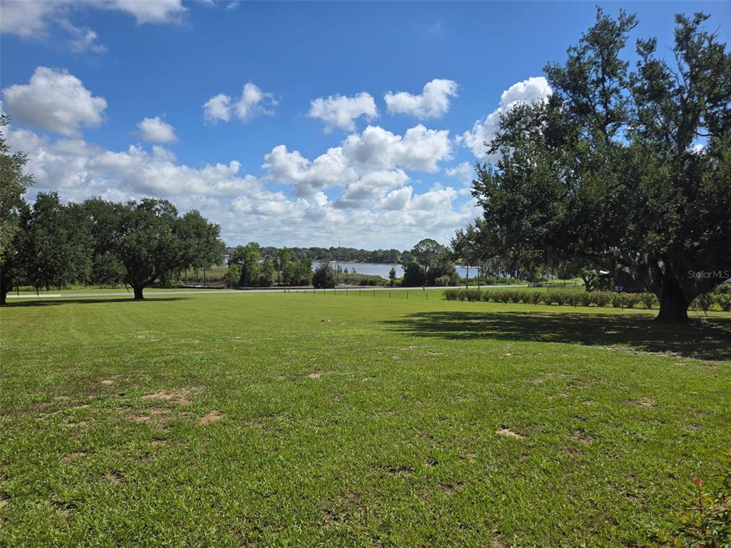 A large, grassy yard features mature trees and a view of a distant lake — 7956 LAKE NELLIE ROAD, CLERMONT, FL
