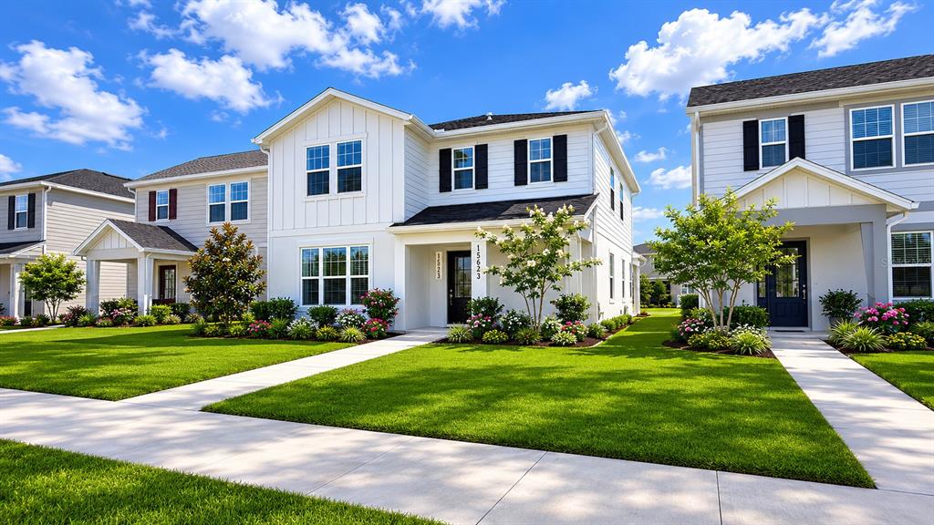 A row of modern two-story suburban houses with white siding and green lawns — 1965 BRANCHED OAK ROAD, ST CLOUD, FL