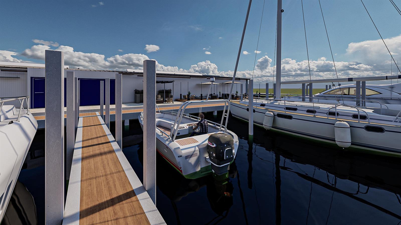 This rendering shows a wooden dock with boats moored alongside a modern waterfront building — 883 Nettles Boulevard, Jensen Beach FL 34957, JENSEN BEACH, FL