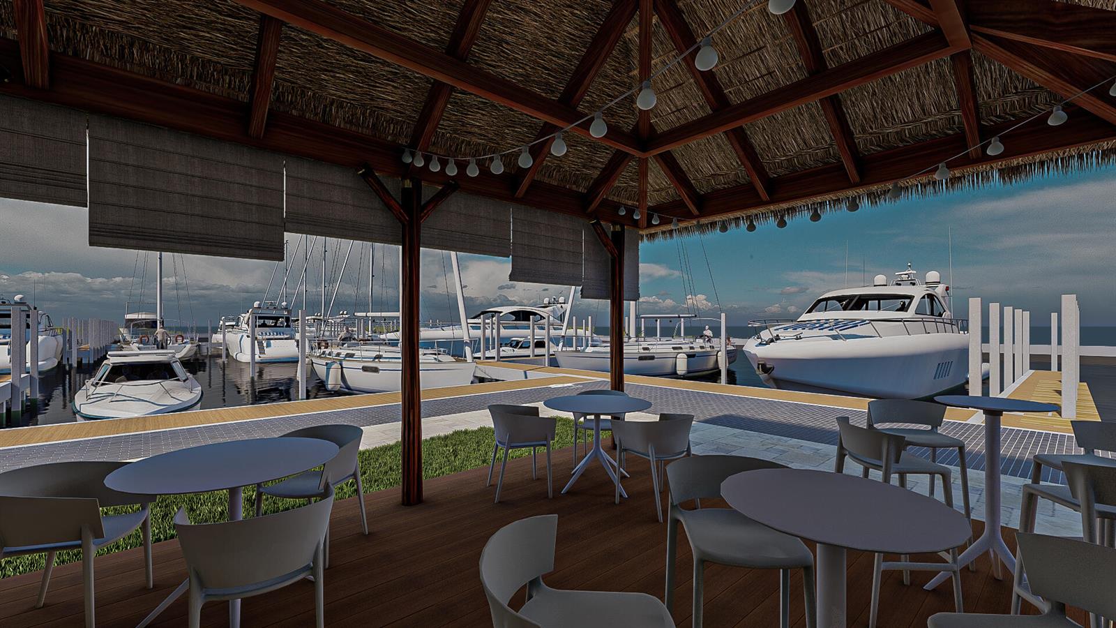 This rendering shows an outdoor patio with tables and chairs overlooking a marina with boats — 883 Nettles Boulevard, Jensen Beach FL 34957, JENSEN BEACH, FL