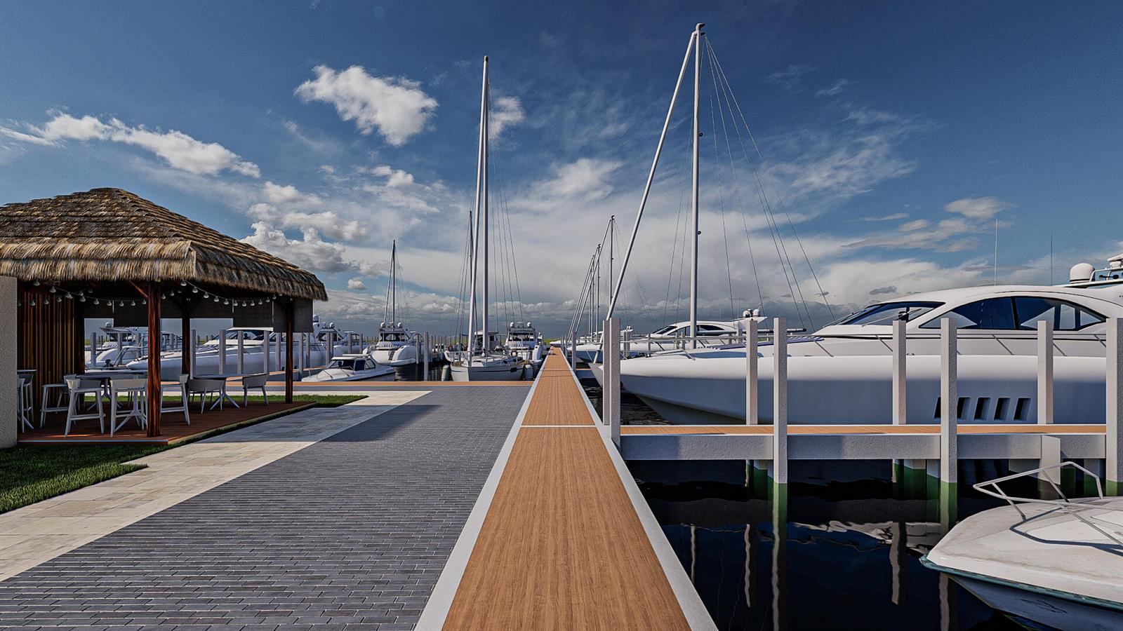This rendering shows a marina with a thatched-roof pavilion, wooden walkways, and docked yachts — 883 Nettles Boulevard, Jensen Beach FL 34957, JENSEN BEACH, FL