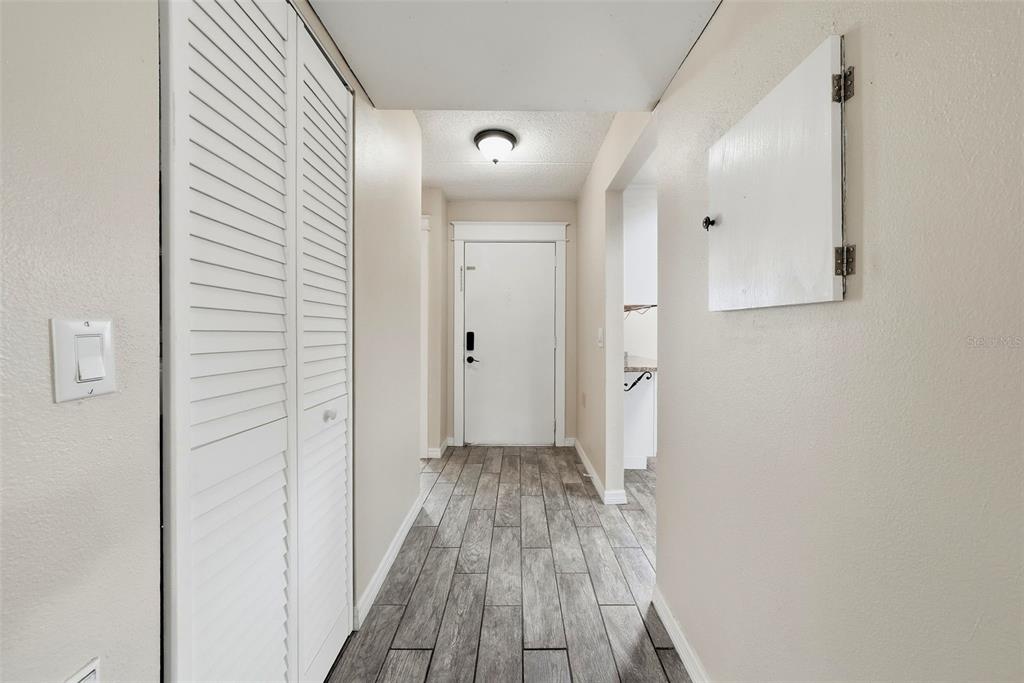 A hallway features light-colored walls, wood-look tile flooring, a white door, and louvered closet doors — 3821 N OAK DRIVE UNIT J21, TAMPA, FL