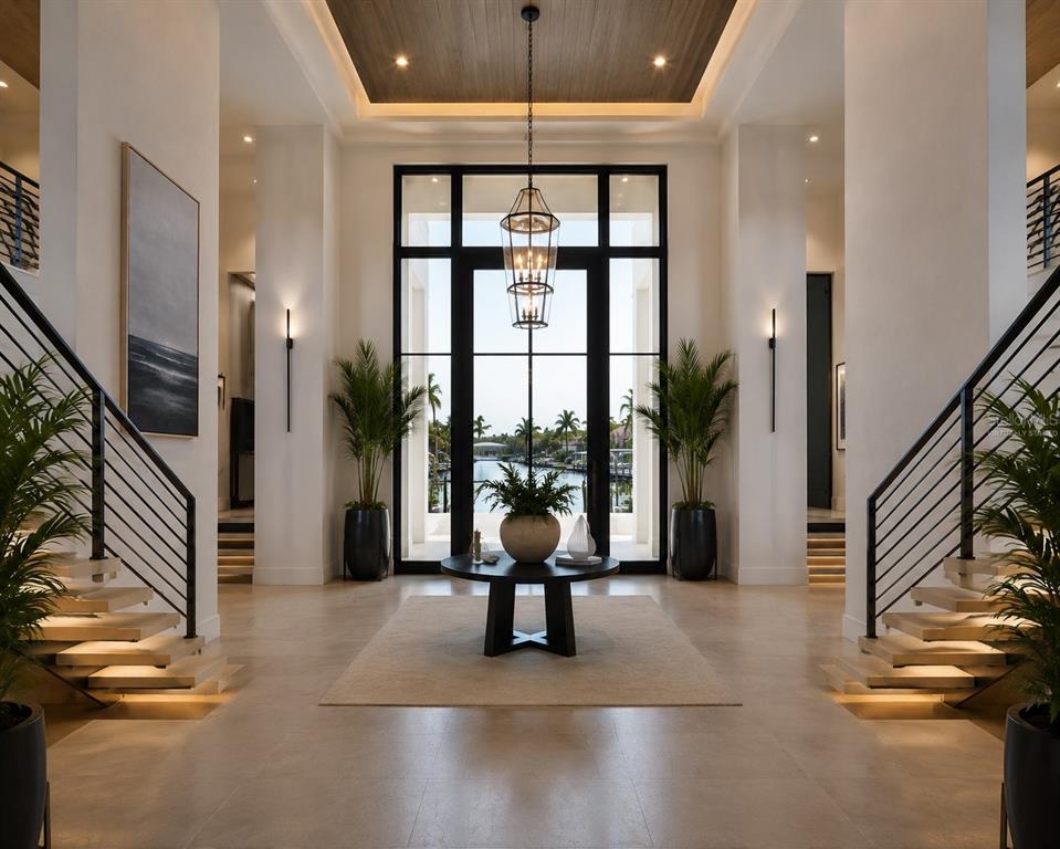 A grand foyer features a central table, dual staircases, and a large glass door view — 3904 DANA SHORES DRIVE, TAMPA, FL