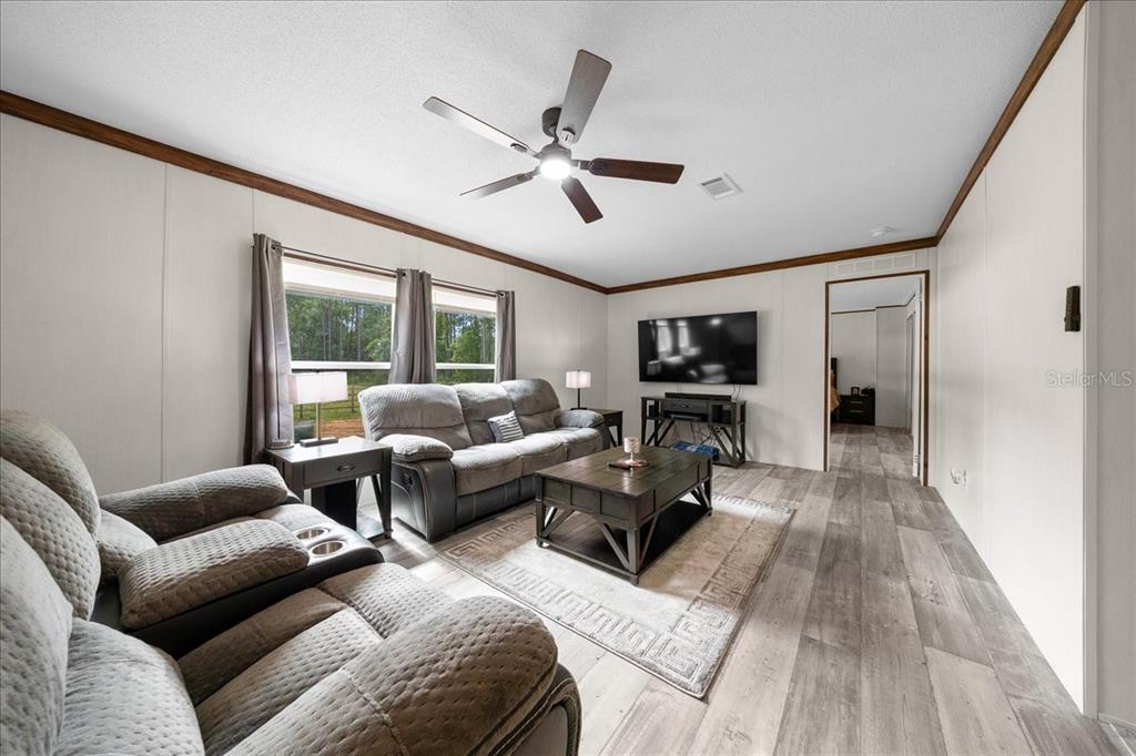 A living room features gray furniture, a coffee table, a ceiling fan, and wood-look flooring — 8500 E HIGHWAY 318, CITRA, FL
