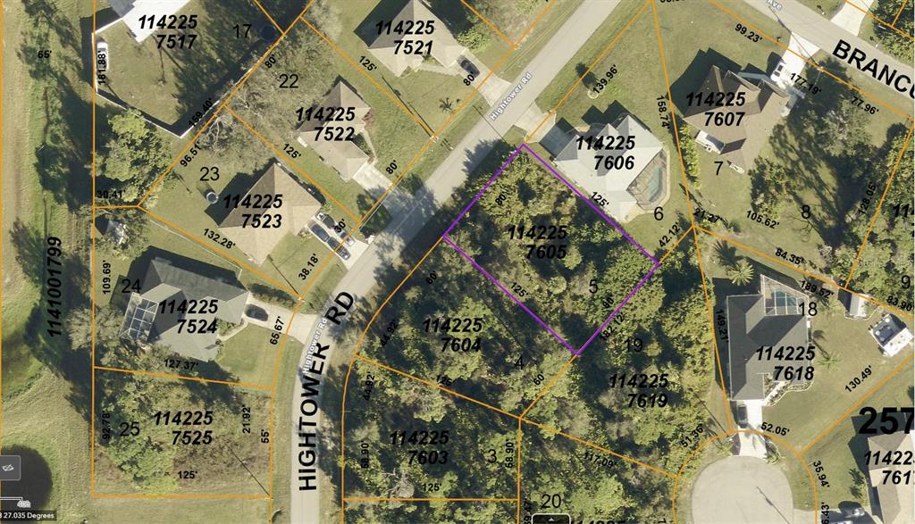 This is a property map showing residential lot boundaries and house footprints along a road — HIGHTOWER ROAD, NORTH PORT, FL