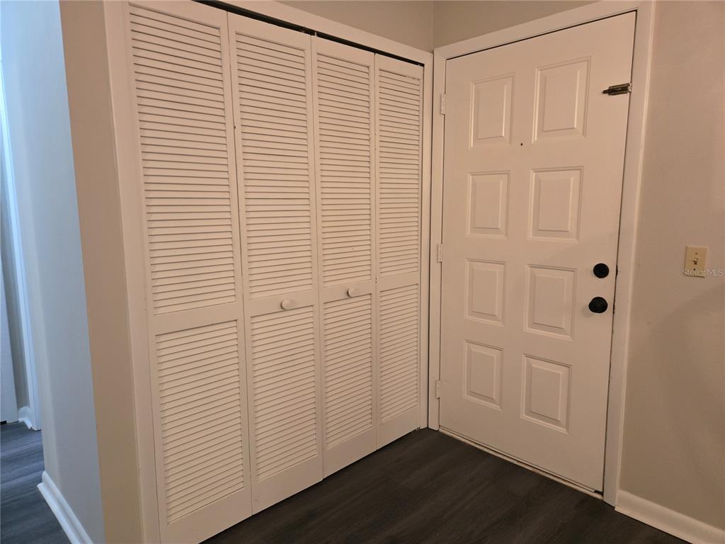 A white louvered closet door sits next to a white front door on gray flooring — 3545 E FORT KING STREET UNIT 257, OCALA, FL