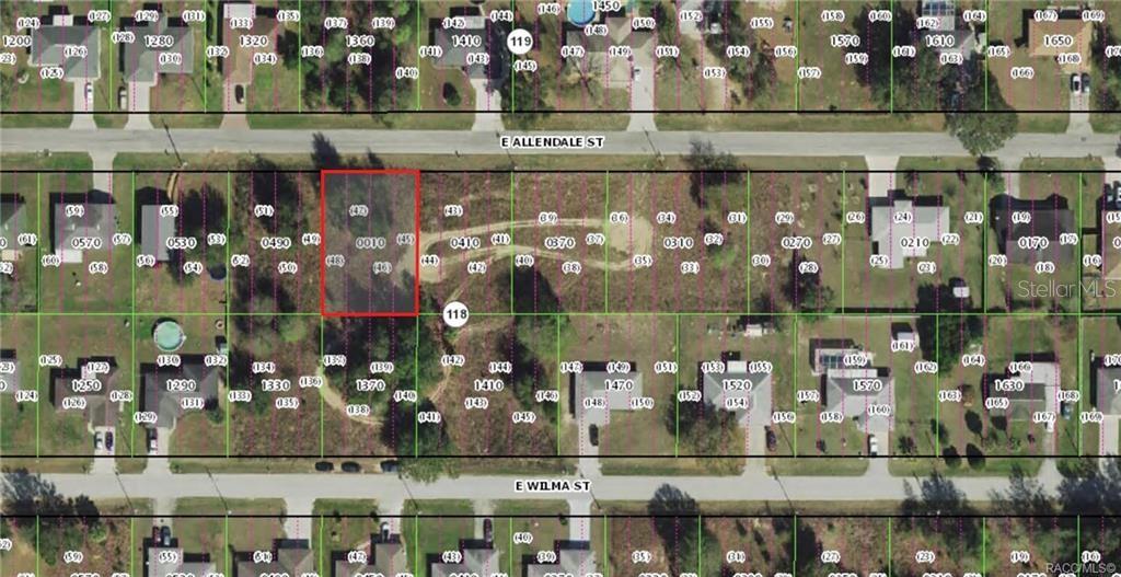 This is an aerial map showing a vacant lot highlighted in red between two streets — 0 E ALLENDALE STREET, INVERNESS, FL