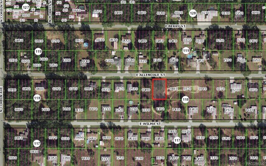 This is a map showing a vacant lot highlighted in red within a residential neighborhood — 0 E ALLENDALE STREET, INVERNESS, FL