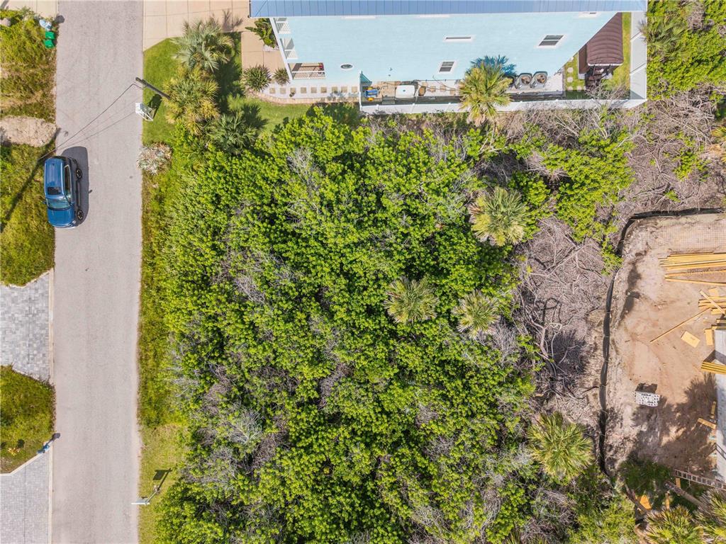 An aerial view shows a dense, tree-covered vacant lot situated between a road and buildings — 0 BASS AVENUE, NEW SMYRNA BEACH, FL