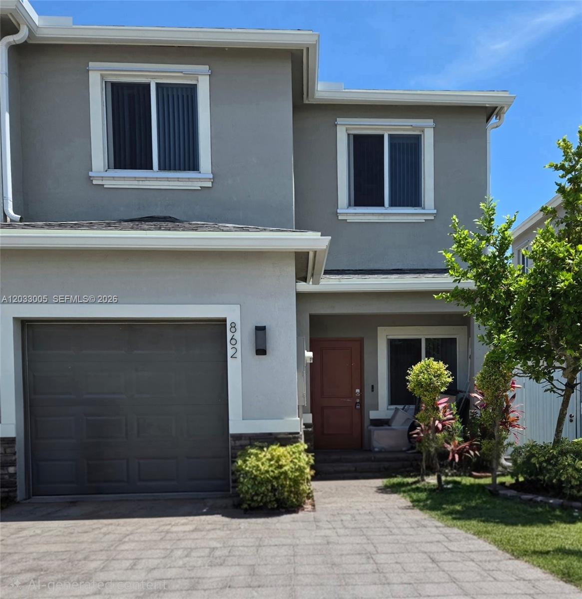 A two-story house with a gray stucco exterior, a single-car garage, and a brown door — 862 SE 17th St # 862, Homestead FL 33034, HOMESTEAD, FL