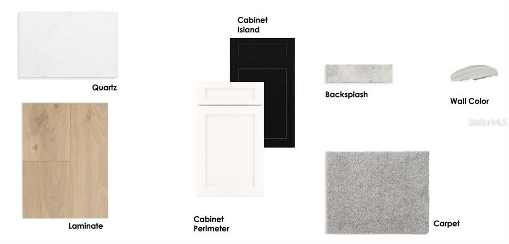 This is a design board rendering showing samples of quartz, laminate, cabinets, backsplash, paint, and carpet — 5632 SAVANNA VALLEY TRL, ST CLOUD, FL