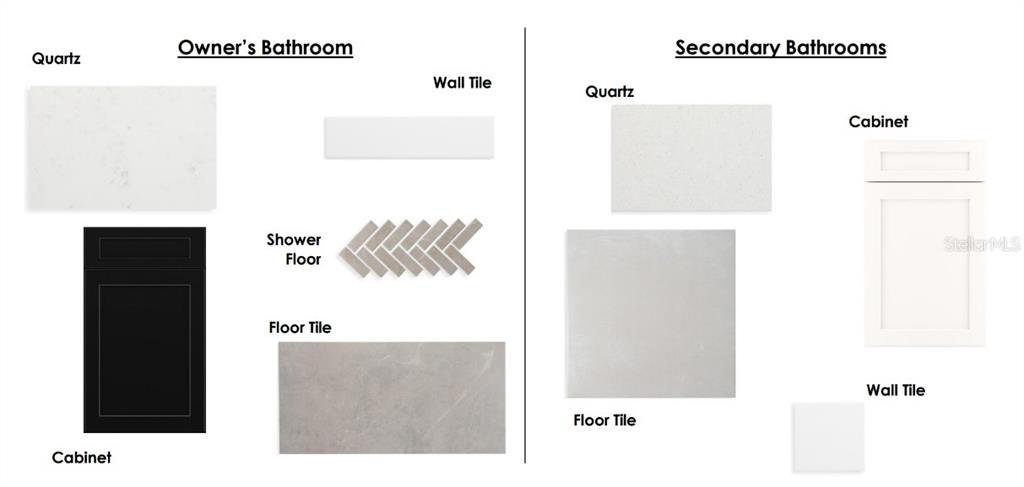 This digital rendering displays material finish samples for owner and secondary bathroom design schemes — 5632 SAVANNA VALLEY TRL, ST CLOUD, FL