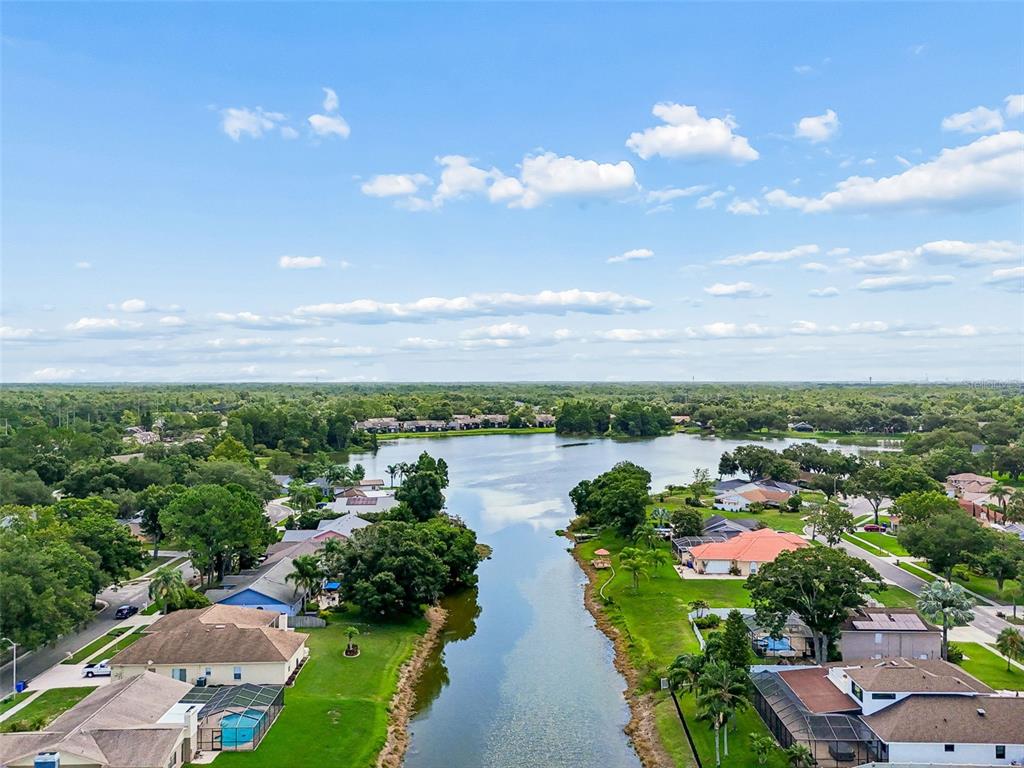 An aerial view shows a residential neighborhood surrounding a lake under a blue sky — 16509 ROUND OAK DRIVE, TAMPA, FL