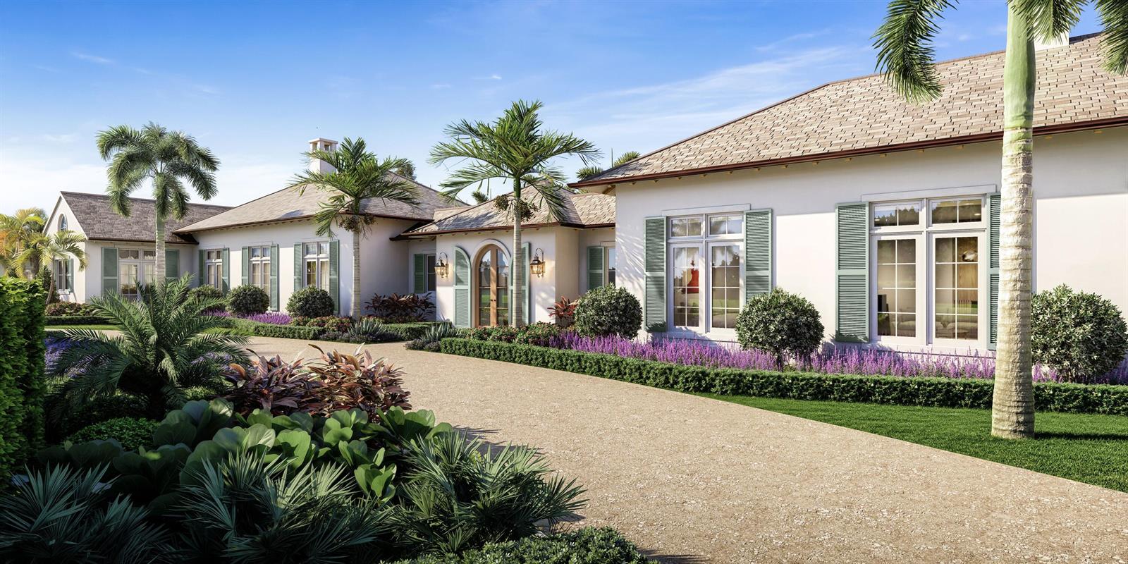 A rendering of a single-story house with a gravel driveway, palm trees, and green shutters — 302 S Beach Road, Jupiter Island FL 33455, JUPITER ISLAND, FL