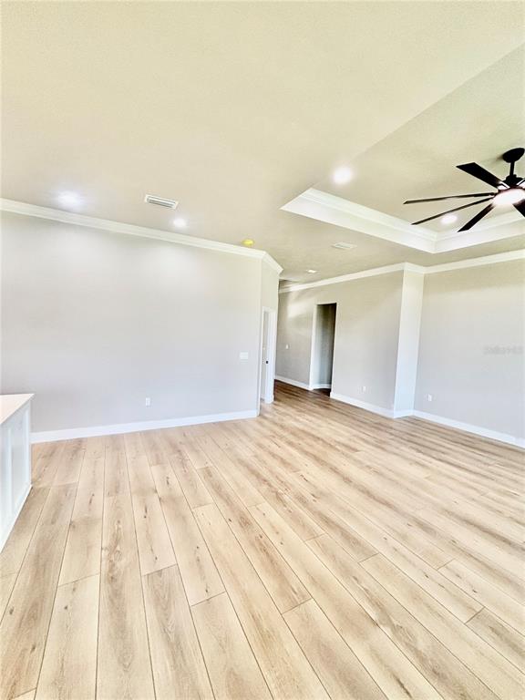 An interior view of a room with light wood-look flooring, recessed lighting, and a tray ceiling — 20488 NW 160TH LANE, HIGH SPRINGS, FL