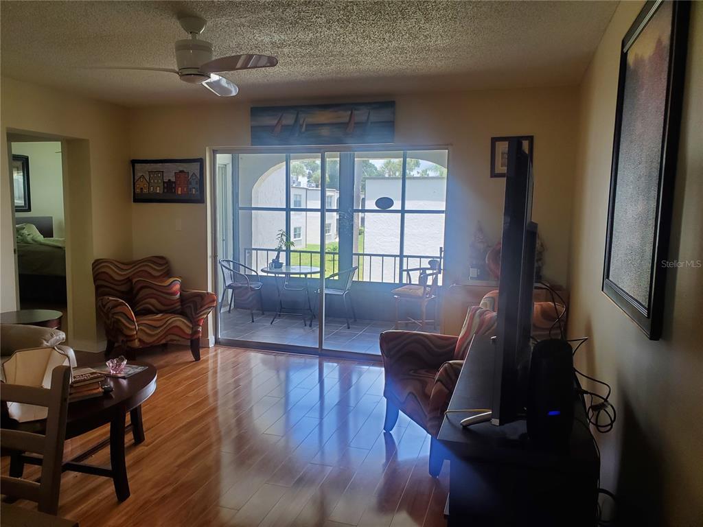 A living room with hardwood floors, two patterned armchairs, a television, and a screened balcony — 7701 STARKEY ROAD UNIT 324, SEMINOLE, FL