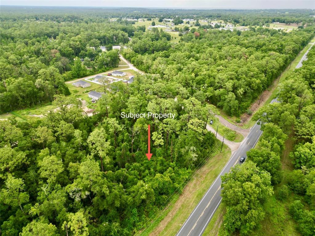 An aerial view shows a wooded, undeveloped lot located next to a paved road — TBD W HWY 40, OCALA, FL